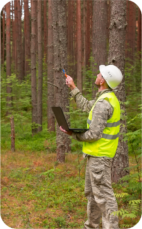 Logging worker in a dense forest, an area supported by remote satellite networks